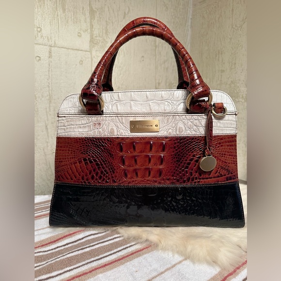 Brahmin White, Brown, and Black Crocodile-Embossed Satchel - Picture 3 of 12